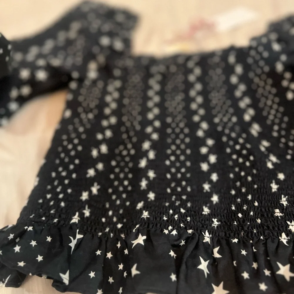 LoveShackFancy Russell Silk Black & White Star Top, NEW